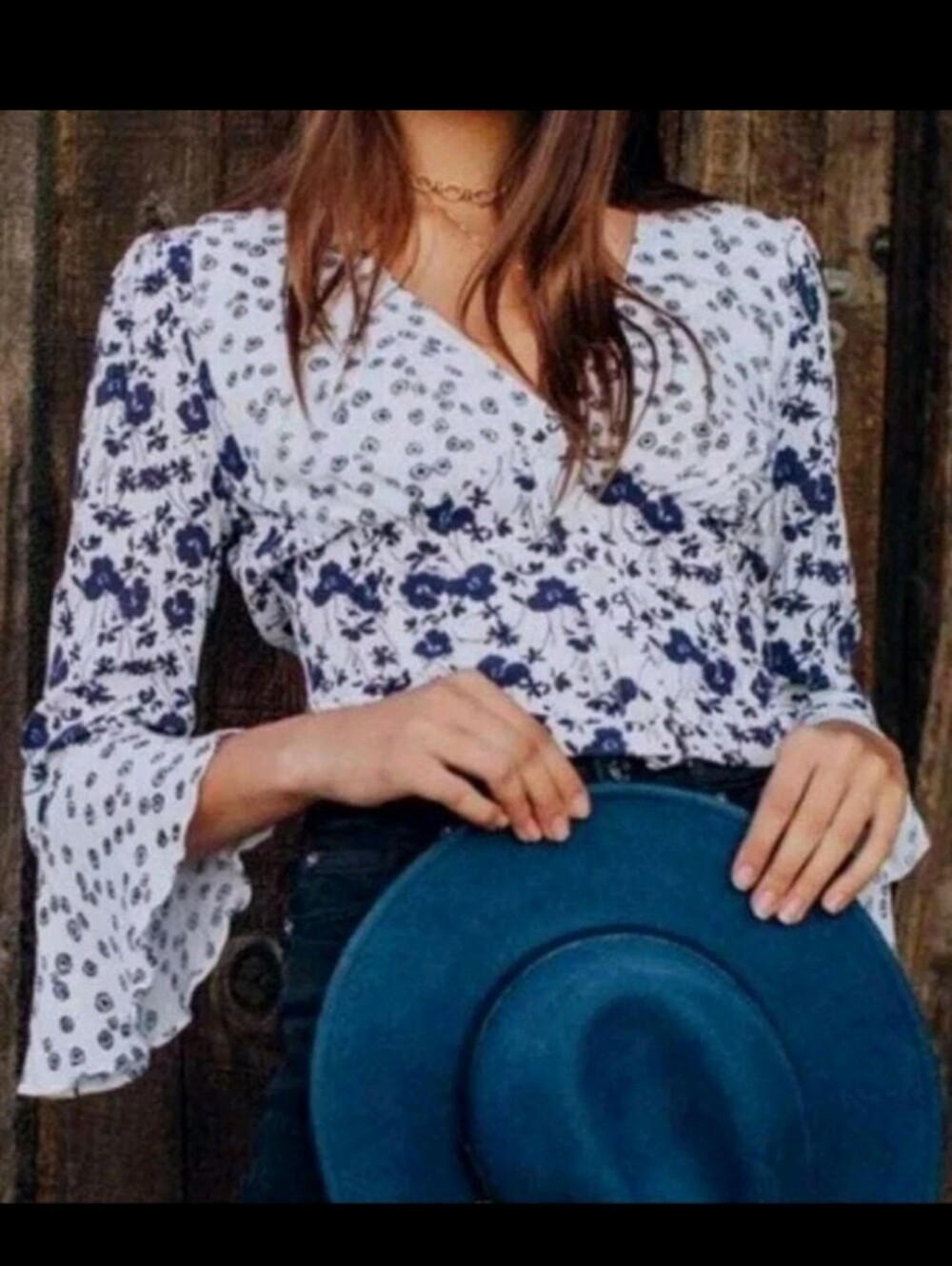 Free People Lady Bohemian White Blouse Navy Floral Print & Bell Sleeves Small